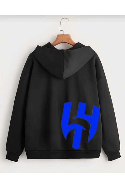BUY CENTER Unisex Oversize με φερμουάρ με κουκούλα μαύρο μπουφάν και ζακέτα με στάμπα Al Crescent
