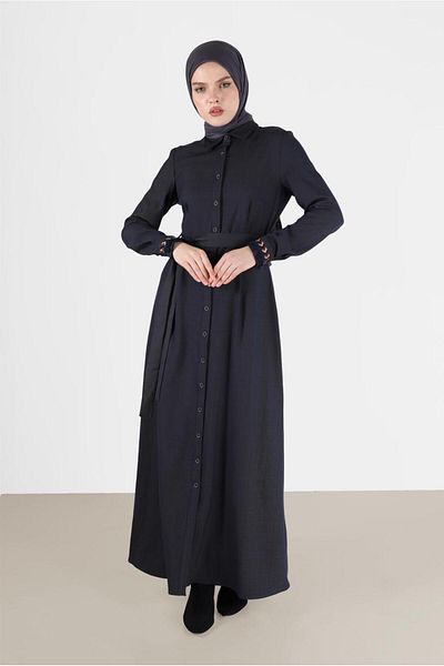 TRENDTESETTÜR Γυναικείο φόρεμα με μπλέ Navy Blue (LACİ-CAMEL) με κουμπιά 40214