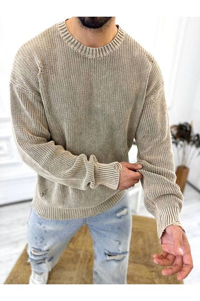elkumoda Πλεκτό πουλόβερ από φυσικό βαμβάκι - Σχισμένο με λέιζερ, που δεν πέφτει, χαλαρό πουλόβερ που πλένεται