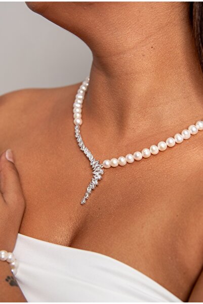 Sinemkacay 925 AYAR GÜMÜŞ RODYUM (BEYAZ ALTIN) KAPLAMA GERÇEK İNCİ SET