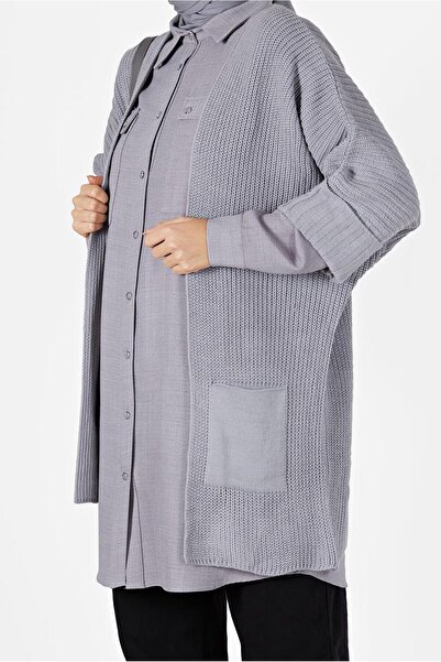TRENDTESETTÜR Women's Gray Half Sleeve Pocket Detailed Cardigan 6627