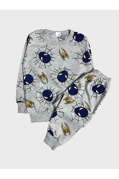 TOFU KİDS Boy's Cotton Gray Blue Spiderman Patterned Long Sleeve Seasonal Pajamas Set