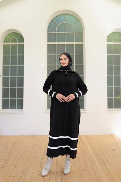 Bold Grup Women's Half Zippered Neckline Sleeve and Hemline Striped Knitwear Maxi Sweater Dress