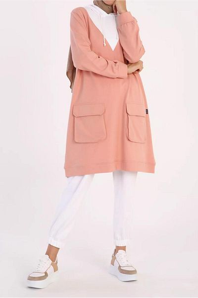 TRENDTESETTÜR Women's Powder Pocket Detailed Hooded 2-coloured Tunic 50125