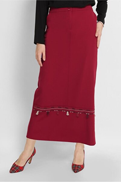 TRENDTESETTÜR WOMEN'S RED EMBROIDERED TASSELED SKIRT 6381