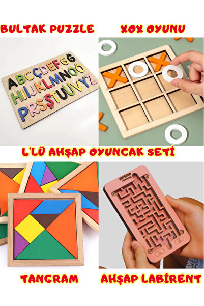 bahadır grup 4'lü Ahşap Oyuncak Seti - Tangram, Bultak Puzzle, XOX Oyunu, Ahş...