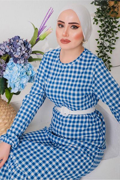 TRENDTESETTÜR Γυναικείο μπλε φόρεμα Gingham με ζώνη 6922
