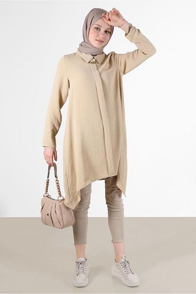 TRENDTESETTÜR Women's Brown (CAMEL) Chain Collar Asymmetric Cut Tunic 1301