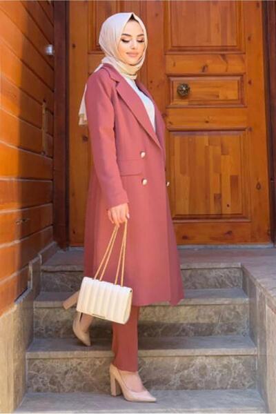 TRENDTESETTÜR Kadın Pembe (GÜL KURUSU) Düğmeli Cepli Pantolonlu Takım T 7538
