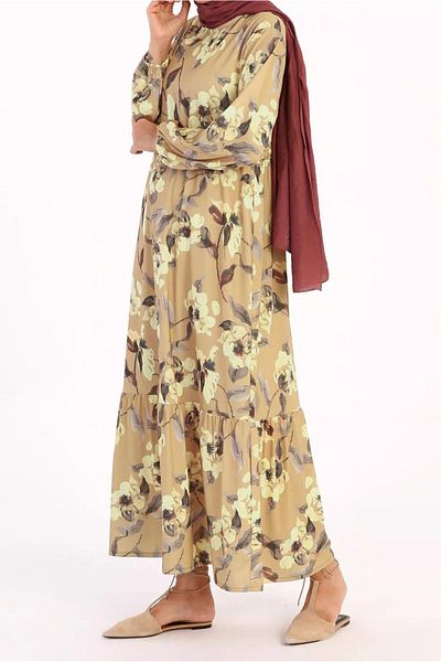 TRENDTESETTÜR Γυναικείο φόρεμα καφέ (CAMEL) με λάστιχο με λουλούδια 8732