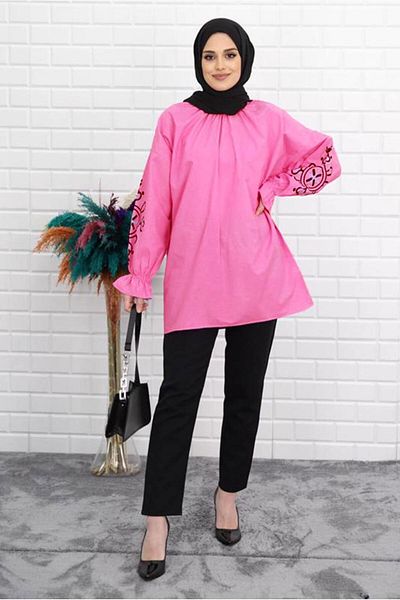TRENDTESETTÜR Fuchsia Women's Tunic - Print Detailed Sleeves, Elastic Cuffs 1518