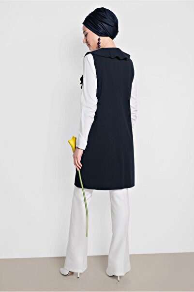 TRENDTESETTÜR WOMEN'S NAVY BLUE COLLAR FLUFFY VEST T 4184