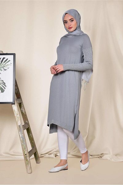 TRENDTESETTÜR WOMEN'S GREY SIDE SLITTER SILVERY TUNIC 4523