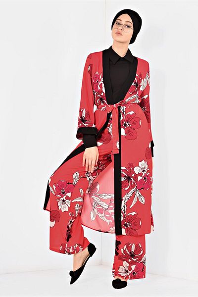 TRENDTESETTÜR WOMEN'S RED (POMEGRANATE) FLOWER PATTERNED DOUBLE PANT SUIT 4923