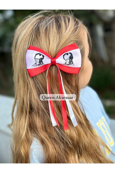 QUEEN AKSESUAR Ataturk Patterned Red and White School Holiday Pendant - Satin Ribbon, Bow Collet Buckle