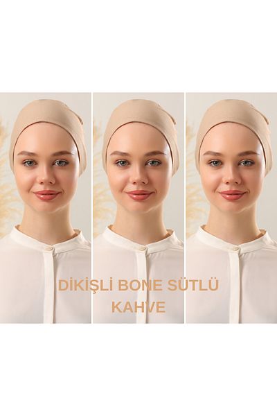 Melodi Scarf Women's Set with Hijab Stitching - Milk Coffee 3 Pieces Binding Combed Cotton Bonnet