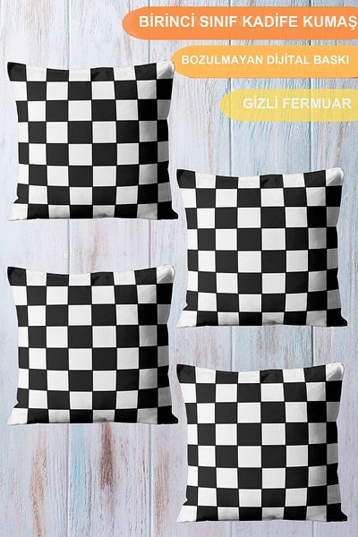 CİMENS 4-Piece Digital Printed Gift Sofa Set - Black and White Checked