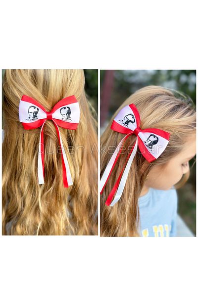 QUEEN AKSESUAR Ataturk Patterned Red and White School Holiday Pendant - Satin Ribbon, Bow Collet Buckle