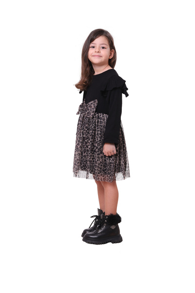 lila ribbon Kız Bebek Kız Çocuk Tüllü Tütü Kaşkorse Ribana Leopar Uzun Kollu Siyah Astarlı Pamuk Elbise