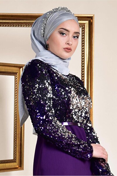 TRENDTESETTÜR KADIN MOR (MOR-GÜMÜŞ) PULLU PAYETLİ ABİYE ELBİSE 5589