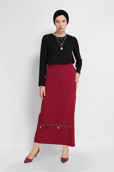 TRENDTESETTÜR WOMEN'S RED EMBROIDERED TASSELED SKIRT 6381