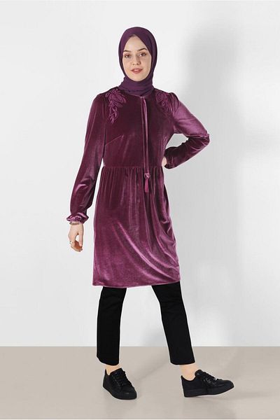 TRENDTESETTÜR Women's Pink (ROSE) Patterned Shoulders Elastic Velvet Tunic 40388
