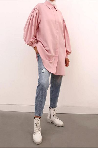 TRENDTESETTÜR Women's Pink Concealed Buttoned Balloon Sleeve Tunic 66015
