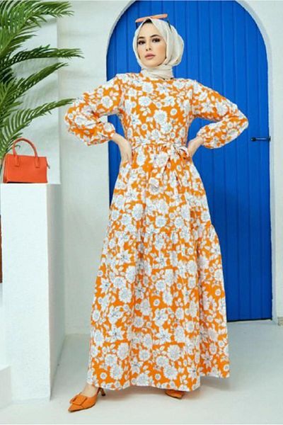 TRENDTESETTÜR Γυναικείο πορτοκαλί (ORANJ) φόρεμα με λουλουδάτο σχέδιο 32140