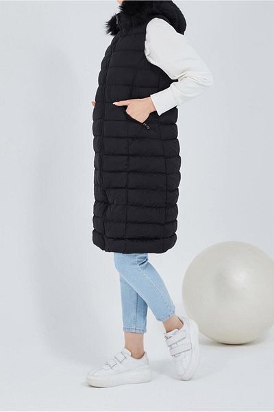 TRENDTESETTÜR Women's Black Hooded Fur Puffer Vest 0503