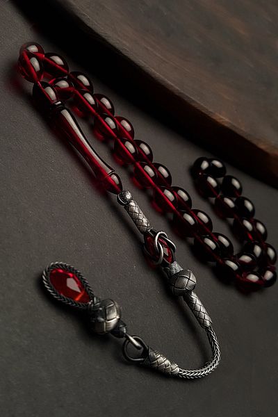 OTTOTESBİH Red Black Color Filtered Fire Amber Prayer Beads