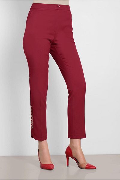 TRENDTESETTÜR Women's Burgundy Leg Sequin Embroidered Intermediate Waist Trousers 7566