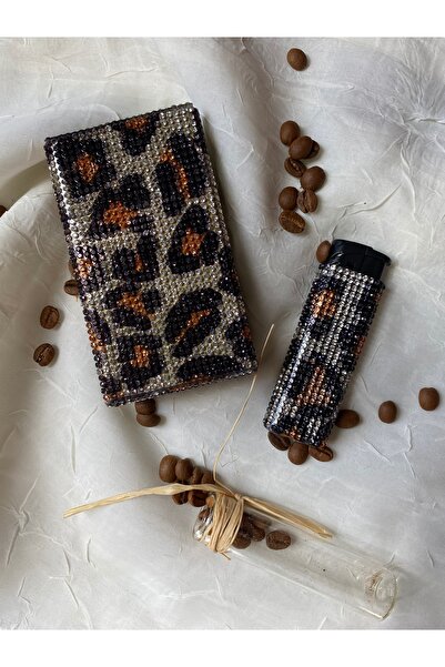 Zey Desing KAHVE LEOPAR SLENDER MODEL TAŞLI SİGARA KUTUSU VE ÇAKMAK