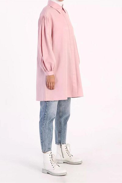 TRENDTESETTÜR Women's Pink Concealed Buttoned Balloon Sleeve Tunic 66015