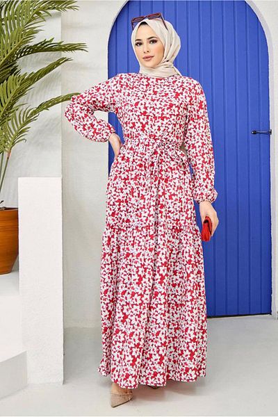 TRENDTESETTÜR Red Floral Print Women's Belted Dress - 52001