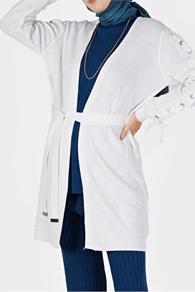 TRENDTESETTÜR Women's White (BONE) Eyelet Detailed Belted Knitwear Cardigan 23541