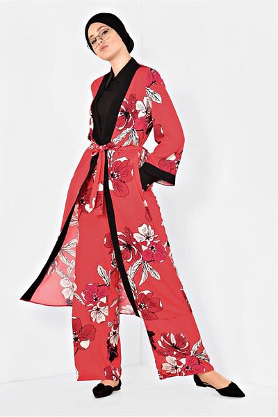TRENDTESETTÜR WOMEN'S RED (POMEGRANATE) FLOWER PATTERNED DOUBLE PANT SUIT 4923