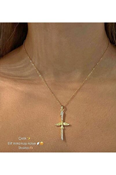 stainless steell Gold Renk Çelik Elif Anka Kuşu Kolye