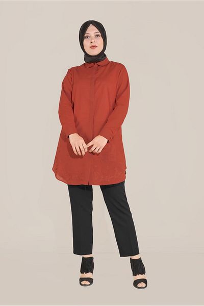 TRENDTESETTÜR Women's Brown (TILE) Hidden Button Cotton Tunic 20045