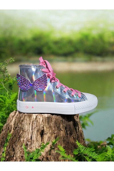 archiepet design special pantofi pentru fete, gri strălucitor, cu șireturi, cu aripi