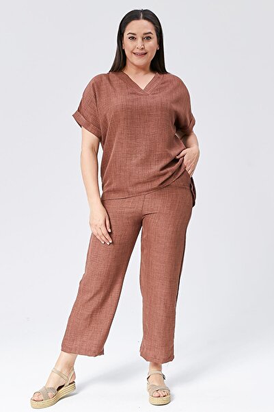 Ebsumu Γυναικείο υφαντό βαμβακερό κάπρι καφέ διπλό σετ