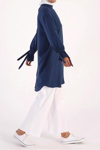 TRENDTESETTÜR Women's Navy Blue (NDIGO) Cuffs Tie Detailed Back Button Tunic 35005