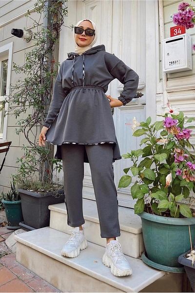 TRENDTESETTÜR Γυναικείο γκρι (SMOKED) Παντελόνι με κουκούλα με διπλό κορδόνι στη μέση. Ο Ομάδα 145