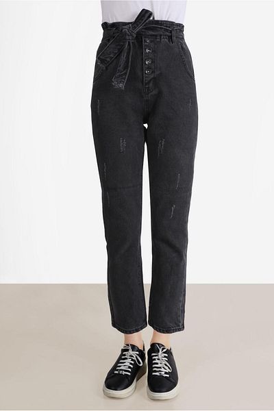 TRENDTESETTÜR Γκρι Paperbag Denim Γυναικείο Παντελόνι - ANTRESIT 214