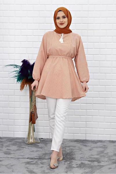 TRENDTESETTÜR Women's Red Striped Lace-up Tunic 1218