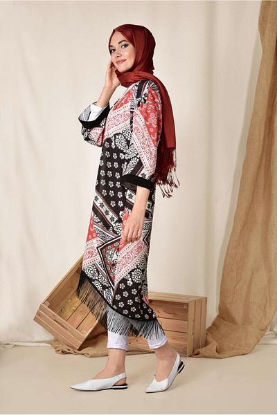 TRENDTESETTÜR كيمونو نسائي منقوش باللون الأحمر 4936