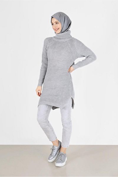 TRENDTESETTÜR Women's Gray Turtleneck Knitwear Tunic 7412