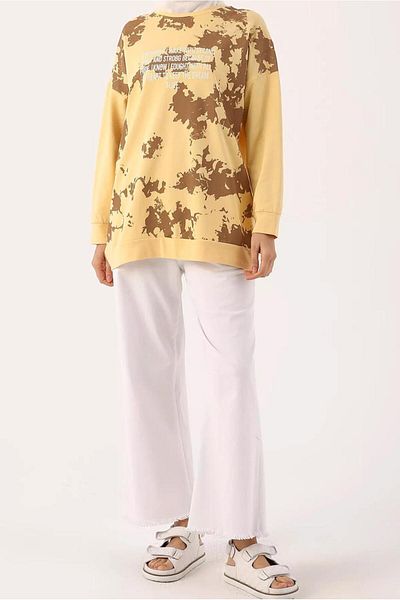 TRENDTESETTÜR Women's Yellow Batik Print Patterned Text Detailed Tunic 62001
