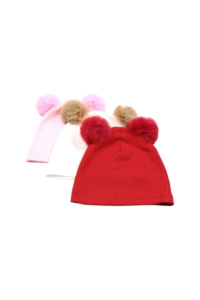 LOGO AKSESUAR Baby Girl Pompom 3-Piece Cotton Beret