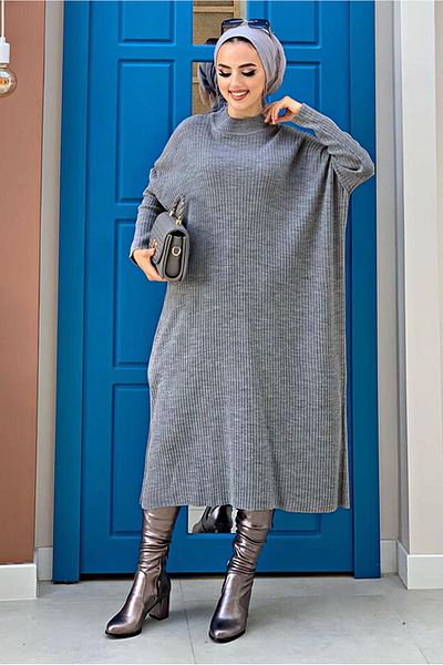 TRENDTESETTÜR Women's Gray Bat Sleeve Corded Knitwear Tunic 1624