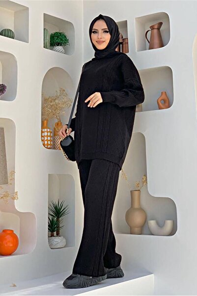 TRENDTESETTÜR Women's Black Diamond Patterned Knitwear Suit with Trousers 6216
